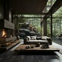 Interior Design, Living room with serene nature view, Beautiful mansion design in the forest, AI Generative photo