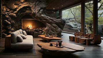 Interior Design, Living room with serene nature view, Beautiful mansion design in the forest, AI Generative photo