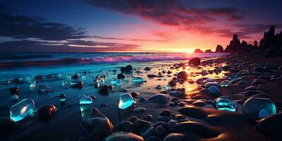 hermosa vaso playa, vistoso guijarros, fantasía marina, soñador atmósfera, ai generativo foto