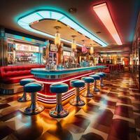 Retro vintage diner restaurant, interior design, stylish old fashioned design concept, AI Generative photo