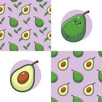 Set of Cute Kawaii Avocado patterns. Food fruit flat icon. Cartoon Avocado seamless pattern, doodle style. Vector hand drawn illustration. Patterns for kids clothes. Avocado patterns collection