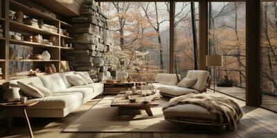 Interior Design, Minimalistic Living room with serene nature view, Beautiful villa design in the forest, AI Generative photo