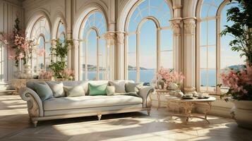 interior diseño lujoso moderno vivo habitación, mínimo alto ventana, acogedor sofá, sereno naturaleza escenario, elegante villa, ai generativo foto