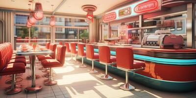 Retro vintage diner restaurant, interior design, stylish old fashioned design concept, AI Generative photo