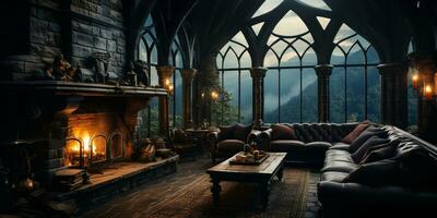 Interior Design, Beautiful Living room Gothic Style, Luxury Mansion, Elegant tall window, AI Generative photo