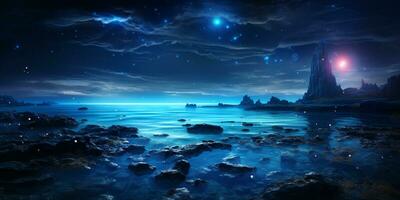 Fantasy seascape, Night view of the ocean, glowing sea, Beautifully starry night sky, dreamy atmosphere, AI Generative photo