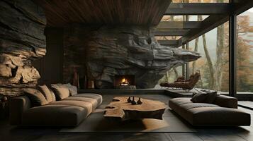 Interior Design, Living room with serene nature view, Beautiful mansion design in the forest, AI Generative photo