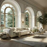 Interior Design Luxurious modern Living room, minimal tall window, Cozy sofa, serene nature scenery, Elegant villa, AI Generative photo