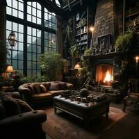 Interior Design, Beautiful Living room Gothic Style, Luxury Mansion, Elegant tall window, AI Generative photo