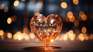 Sparkle Glowing Heart reflected lights, orange and gold, captivating visual, Romantic scenery, dreamy, copy space, greeting card, AI Generative photo