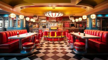 Retro vintage diner restaurant, interior design, stylish old fashioned design concept, AI Generative photo