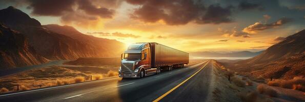 Trucks driving on highway, rural landscape, dramatic sunset, transportation on road, AI Generative photo