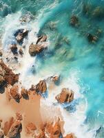 Relaxing aerial view beach, nature holiday template banner, sea shore, coastline, AI Generative photo