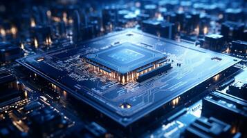 High-tech Computer chip close up shot, production of electronic, circuit board, futuristic design, extreme detail, AI Generative photo