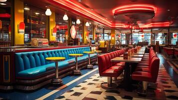 Retro vintage diner restaurant, interior design, stylish old fashioned design concept, AI Generative photo