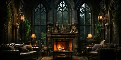 Interior Design, Beautiful Living room Gothic Style, Luxury Mansion, Elegant tall window, AI Generative photo