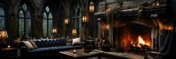 Interior Design, Beautiful Living room Gothic Style, Luxury Mansion, Elegant tall window, AI Generative photo