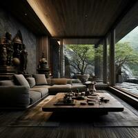 Interior Design, Living room with serene nature view, Beautiful mansion design in the forest, AI Generative photo