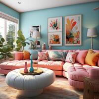 Furnished Modern Living room, bright blue and pink color palette, interior design, AI Generative photo