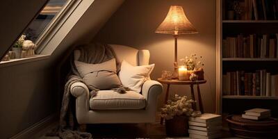 Cozy reading nook plush armchair, bookshelf filled with books of all genres, reading time, elegant interior design, AI Generative photo