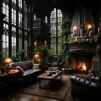 Interior Design, Beautiful Living room Gothic Style, Luxury Mansion, Elegant tall window, AI Generative photo