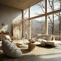 Interior Design, Minimalistic Living room with serene nature view, Beautiful villa design in the forest, AI Generative photo