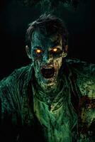 Scary zombie with bloody face outdoors, closeup. Halloween monster, ai generative photo