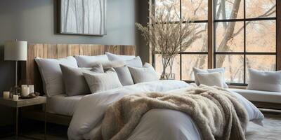 Luxurious furnished master bedroom suite, elegant interior design, modern house design concept, AI Generative photo