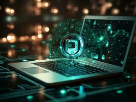 Laptop with cloud computing diagram show on hand. Cloud technology. Data storage. Business technology Cyber Security Firewall, Antivirus Alert Protection, AI Generative photo