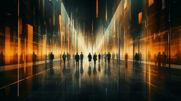 Business People walking in modern futuristic lobby, Blurred motion, AI Generative photo