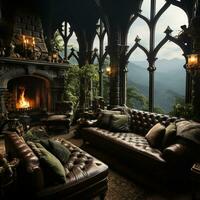 Interior Design, Beautiful Living room Gothic Style, Luxury Mansion, Elegant tall window, AI Generative photo