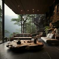 Interior Design, Living room with serene nature view, Beautiful mansion design in the forest, AI Generative photo