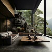 Interior Design, Living room with serene nature view, Beautiful mansion design in the forest, AI Generative photo