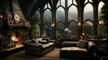 Interior Design, Beautiful Living room Gothic Style, Luxury Mansion, Elegant tall window, AI Generative photo