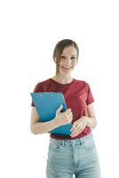 Young woman holding with clipboard isolated on white background. photo