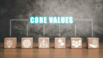 Core values concept, Wooden block on desk with core values icon on virtual screen. photo