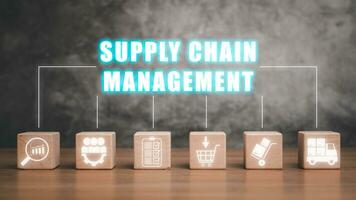 Supply chain management concept, Wooden block on desk with supply chain management icon on virtual screen. photo