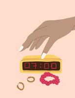 Vector poster with woman hand switching off alarm clock. Morning routine concept