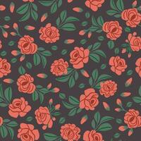 Vintage pattern with red roses and leaves on brown background. Retro flowers pattern vector