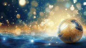Festive balls on bright golden background. Generative AI photo