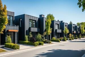 Modern townhouses facades. Generative AI photo