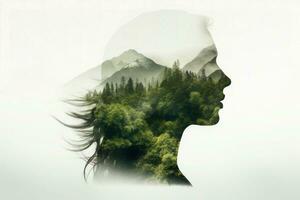 Double exposure portrait with woman and green forest. Generative AI photo