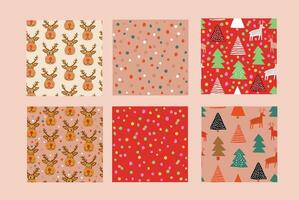 Vector set of 6 seamless patterns on Christmas topic. Confetti, reindeer, Christmas tree, wood in winter. Christmas holidays patterns.