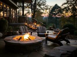 Modern villa outdoor with stone fire pit and chairs in the backyard AI Generative photo