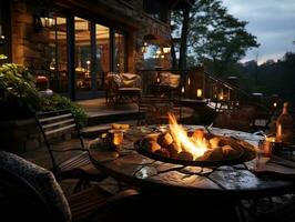 Modern villa outdoor with stone fire pit and chairs in the backyard AI Generative photo