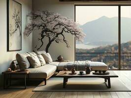 Modern living room with neutral furniture AI Generative photo