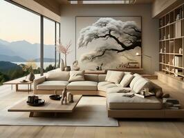 Modern living room with neutral furniture AI Generative photo