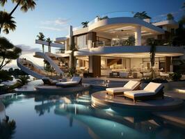 3D modern villa with a swimming pool and lounge area AI Generative photo