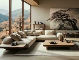Modern living room with neutral furniture AI Generative photo