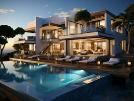 3D modern villa with a swimming pool and lounge area AI Generative photo